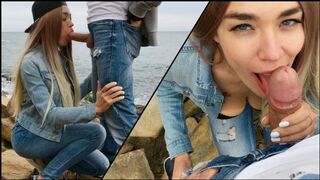 A blondie is having fun with her boyfriend on the city beach