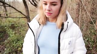 Petite teen Ava Monn almost gets caught while giving a blowjob outdoors