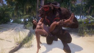 Big-boobed girl gets her pussy railed by two monsters in 3D